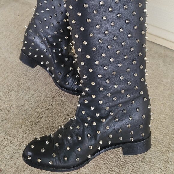 Christian Louboutin Studded Flat Boots Knee Black Shoes MENEBOOT IT 37 US 6.5-7 - Picture 7 of 14